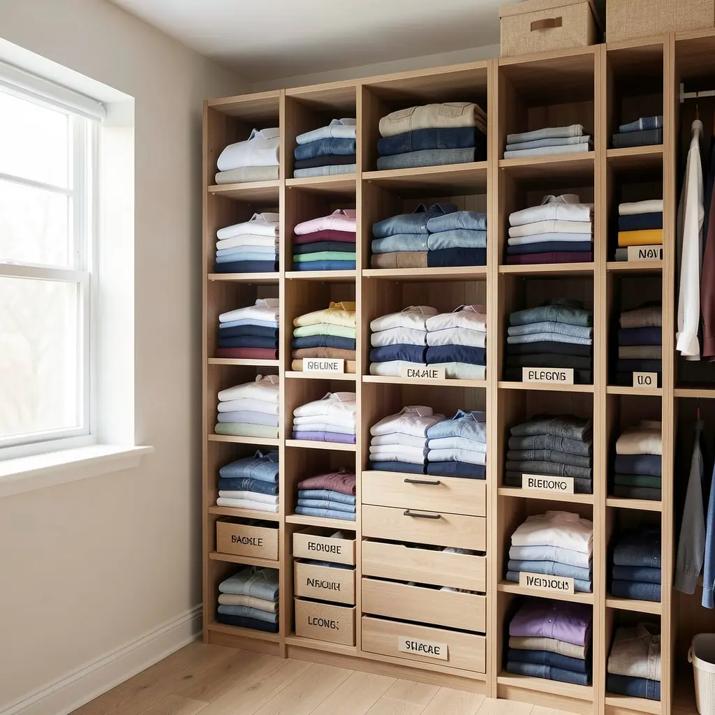 Organised wardrobe with systematic clothing arrangement